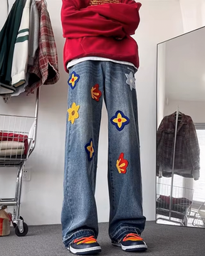 Flower Embroidered Jeans Men