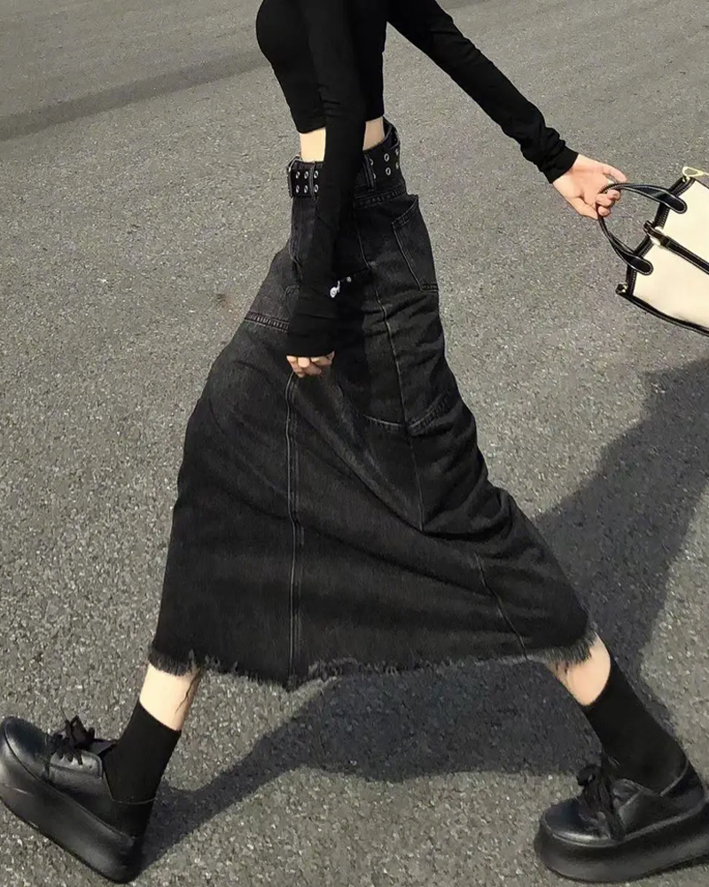 Long Black Denim Skirt
